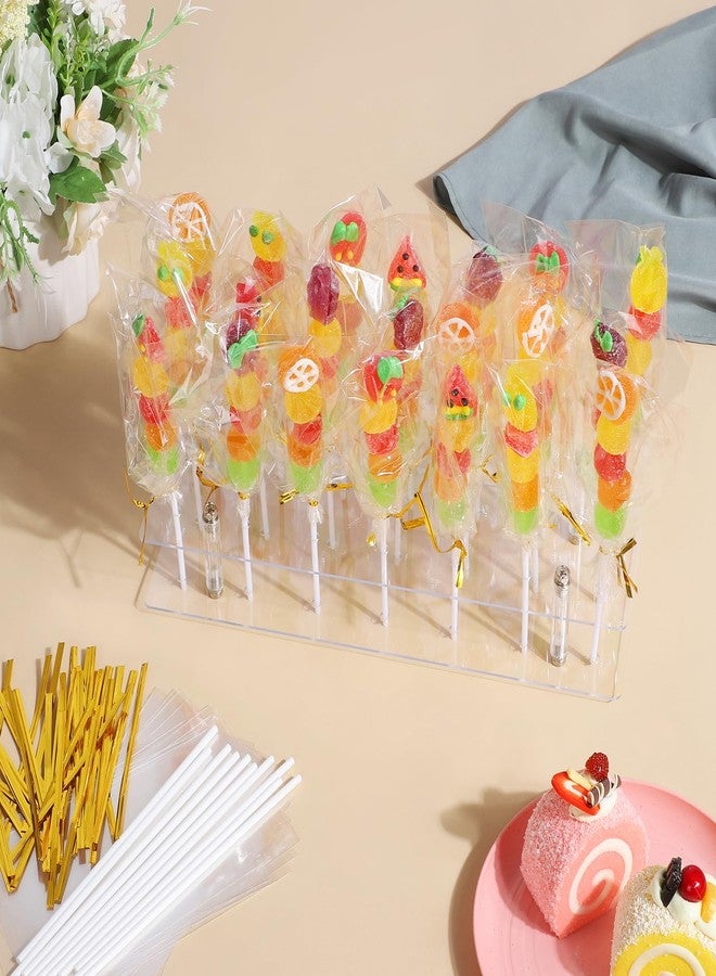Suneerplay Cake Pop Stand with Sticks Kit, 21 Holes Lollipop Display Stand, Acrylic Cake Pop Display Holder, Lollipop Holder with 100 Pcs Sticks, 100 Pcs Clear Wrappers, 100 Pcs Gold Twist Ties - Image 3