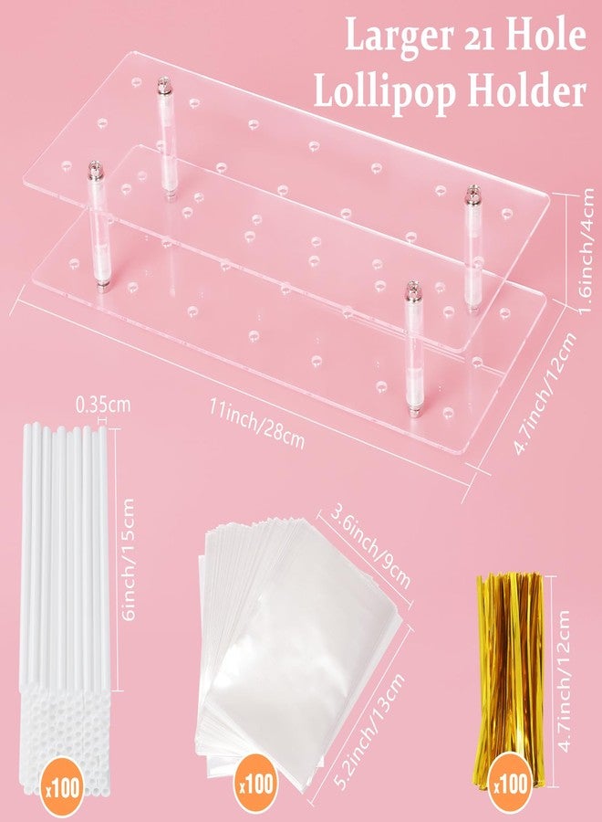 Suneerplay Cake Pop Stand with Sticks Kit, 21 Holes Lollipop Display Stand, Acrylic Cake Pop Display Holder, Lollipop Holder with 100 Pcs Sticks, 100 Pcs Clear Wrappers, 100 Pcs Gold Twist Ties - Image 2