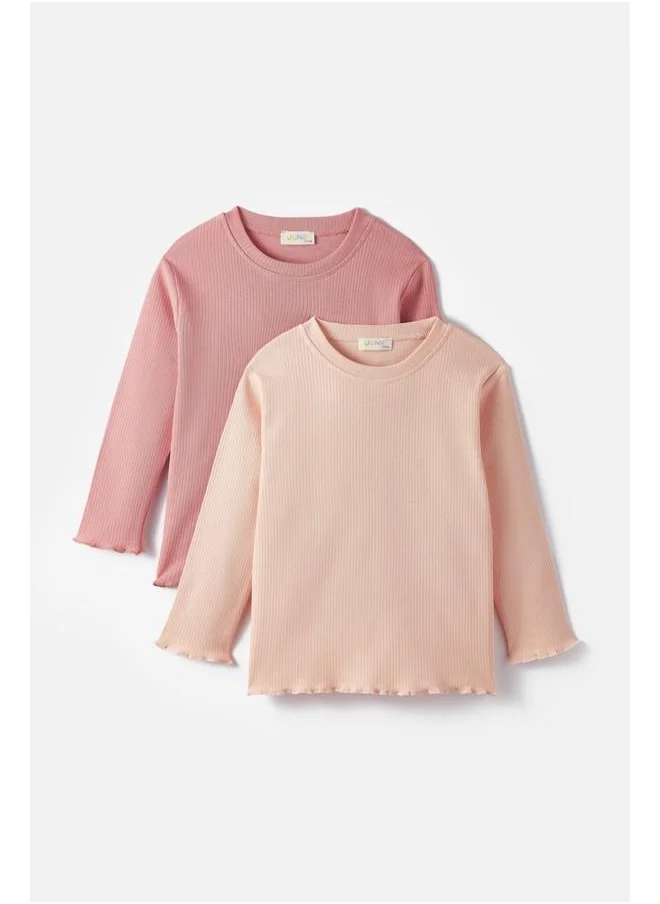 JUNE June Girl Child 2-Pack Embroidered and Basic Long Sleeve Tshirt Rose - Salmon