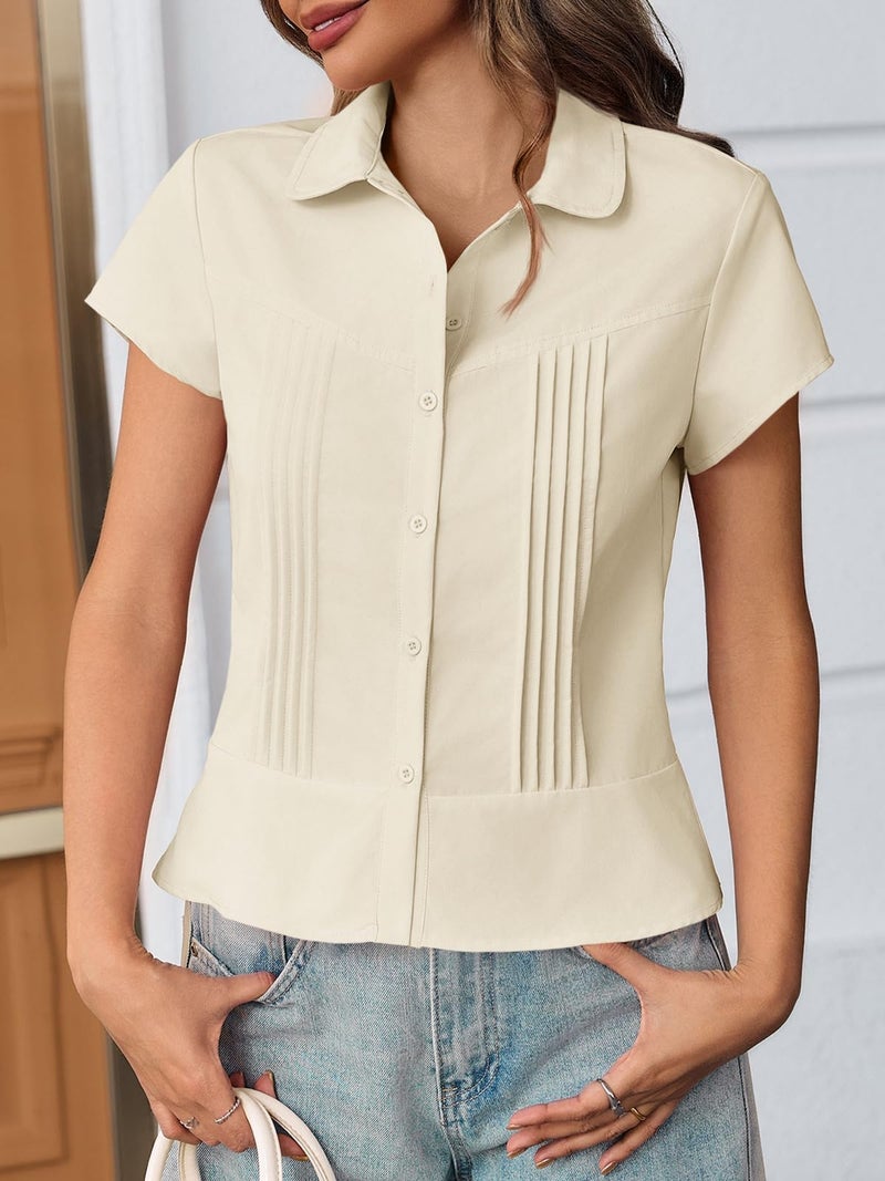 Cicy Bell Womens Short Sleeve Button Down Shirts Pleated Slim Fit Summer Dressy Casual Blouses Beige - Image 2
