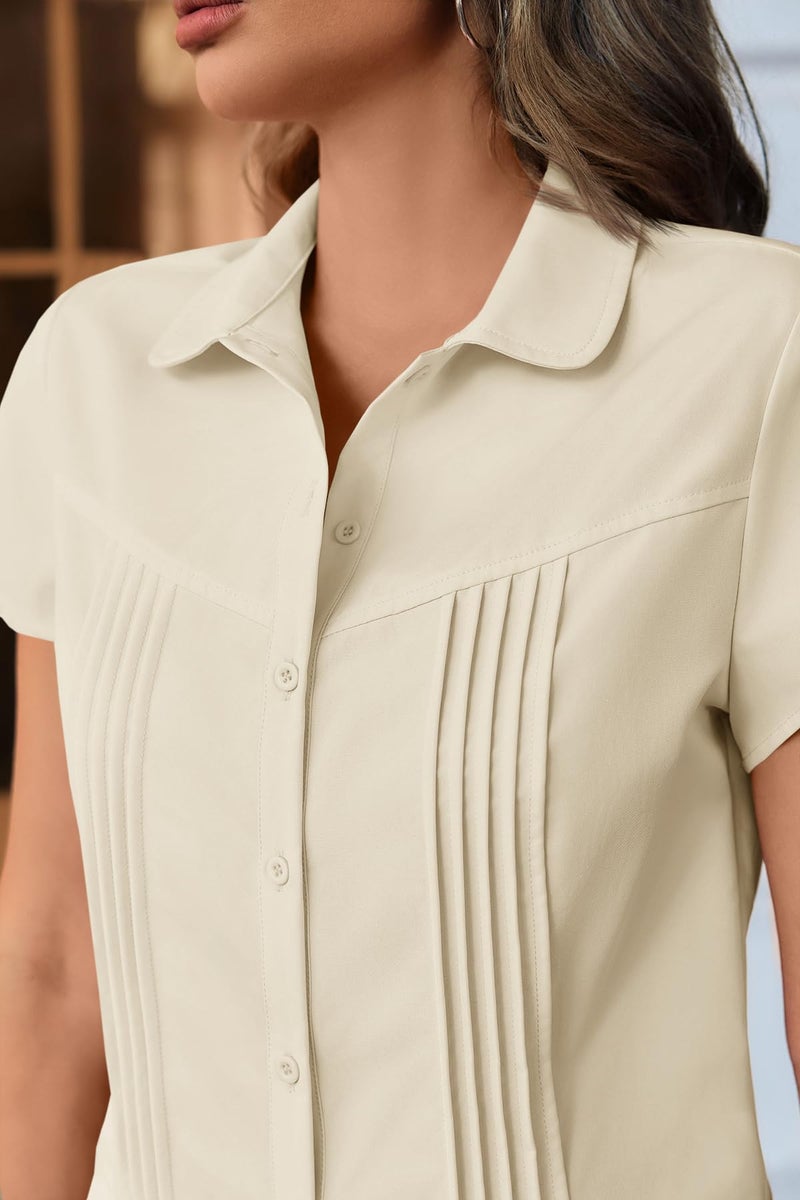 Cicy Bell Womens Short Sleeve Button Down Shirts Pleated Slim Fit Summer Dressy Casual Blouses Beige - Image 4