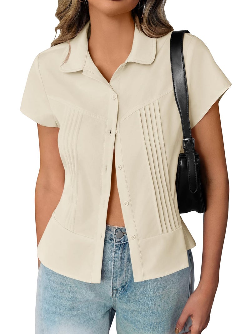 Cicy Bell Womens Short Sleeve Button Down Shirts Pleated Slim Fit Summer Dressy Casual Blouses Beige - Image 1