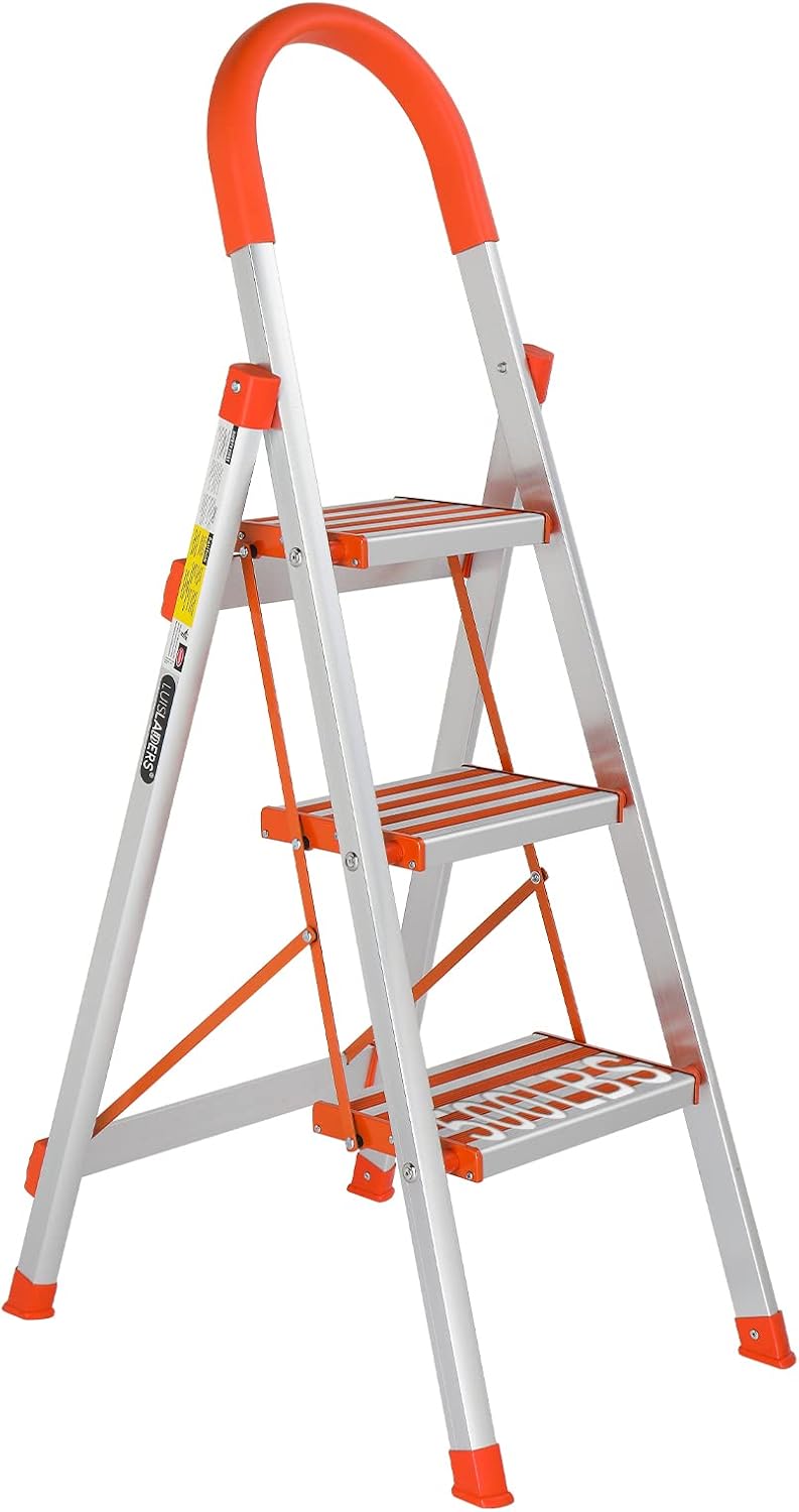 LUISLADDERS 3 Step Stool, Foldable Lightweight Step Ladder, Aluminum Anti-Slip with Rubber Hand Grip, 350lbs Capacity, Home and Kitchen Anti-Slip Stepladders - Image 1