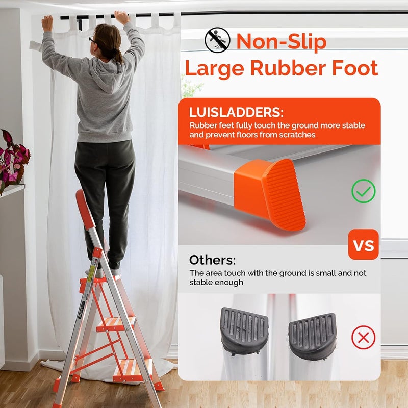 LUISLADDERS 3 Step Stool, Foldable Lightweight Step Ladder, Aluminum Anti-Slip with Rubber Hand Grip, 350lbs Capacity, Home and Kitchen Anti-Slip Stepladders - Image 3