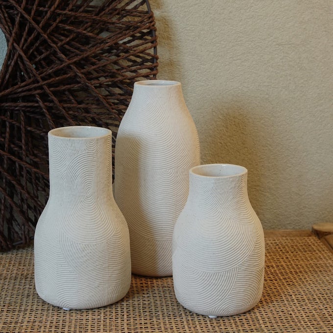 CERAMIC VASES FOR HOME DECOR MATTE WHITE TEXTURED VASE SET OF 3 DECORATIVE VASES FOR FLOWERS PAMPAS GRASS ARRANGEMENT TABLE CENTERPIECES OFFICE AND LIVING ROOM BOHO DECOR