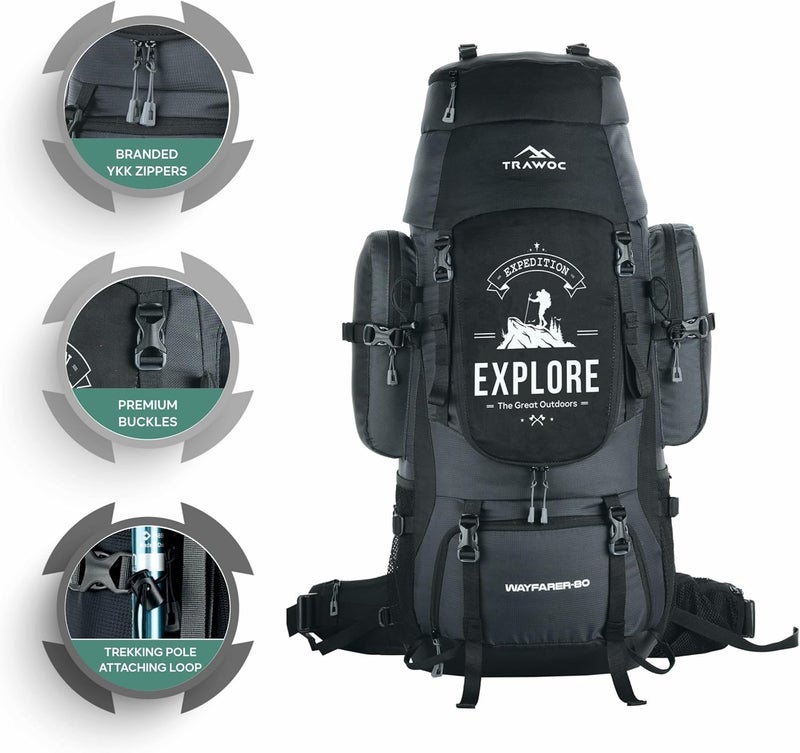 Trawoc حقيبة ظهر ترافوك وايفار 80 لتر للتخييم والمشي لمسافات طويلة - Image 2