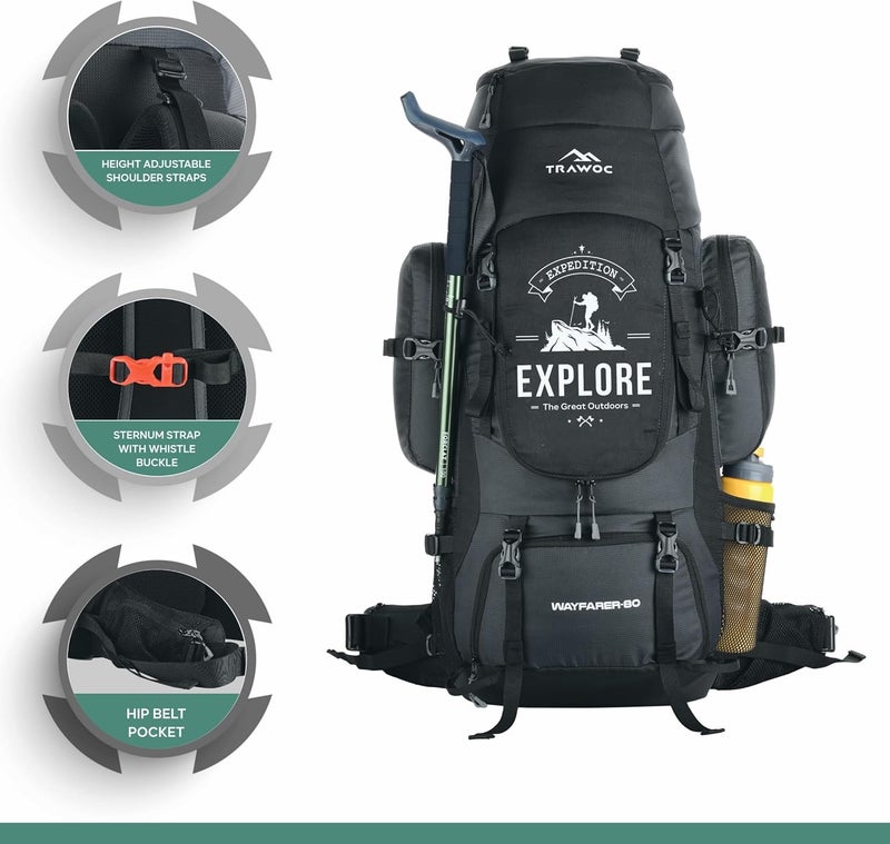 Trawoc حقيبة ظهر ترافوك وايفار 80 لتر للتخييم والمشي لمسافات طويلة - Image 4