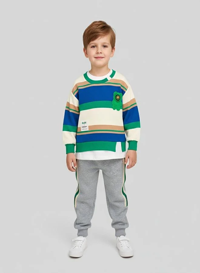 babyqlo Striped Bear Patch Sweatshirt With Joggers