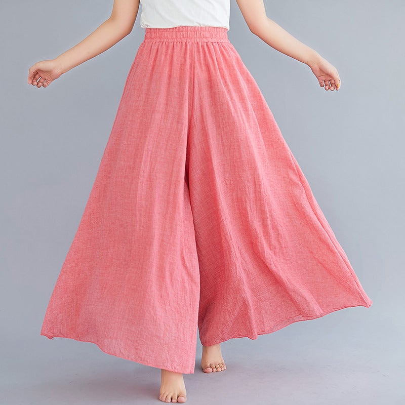2023 Mori girl artistic plus size cotton and linen pantskirt elastic waist linen solid color ethnic style large swing pantskirt Pink