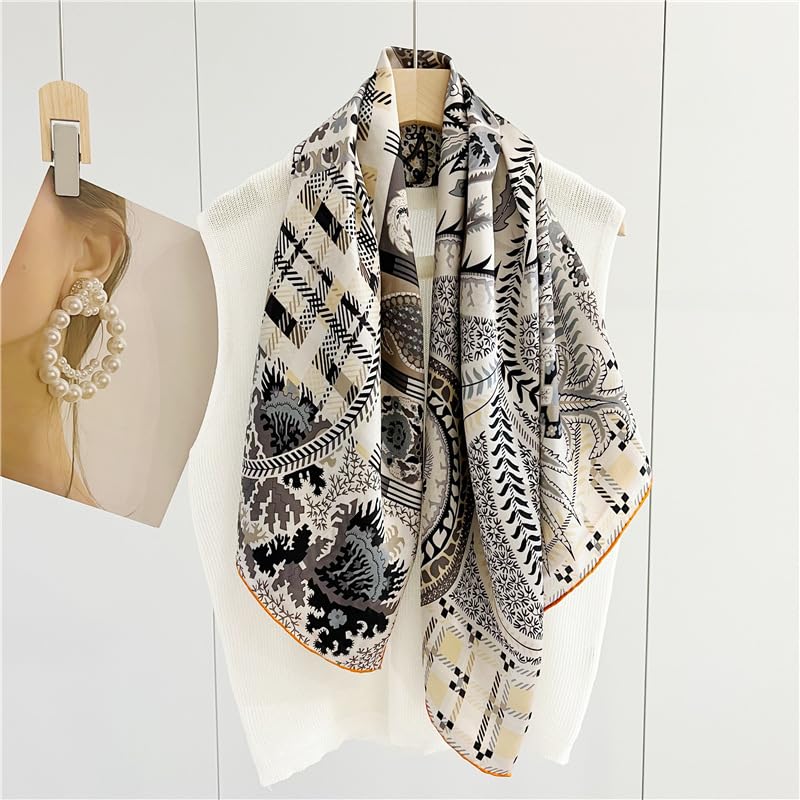 MEISEE 100% Silk Scarf for Women 43â€*43â€ Large Square Lightweight Headscarf Neck Scarf Hair Wraps Shawls with Gift Packed (Beige+gray+orange edge) - Image 2