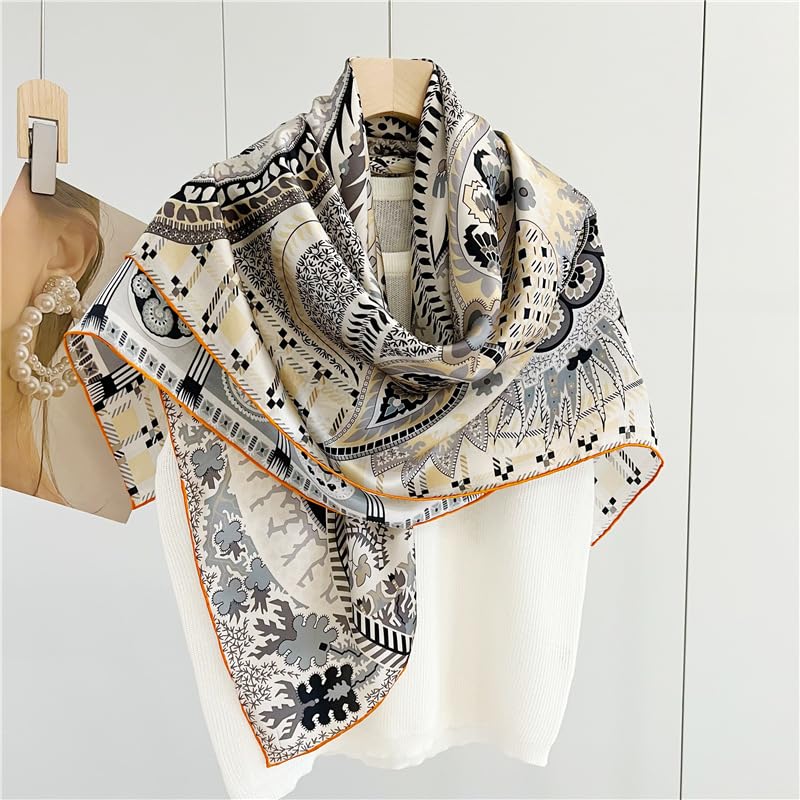 MEISEE 100% Silk Scarf for Women 43â€*43â€ Large Square Lightweight Headscarf Neck Scarf Hair Wraps Shawls with Gift Packed (Beige+gray+orange edge) - Image 3