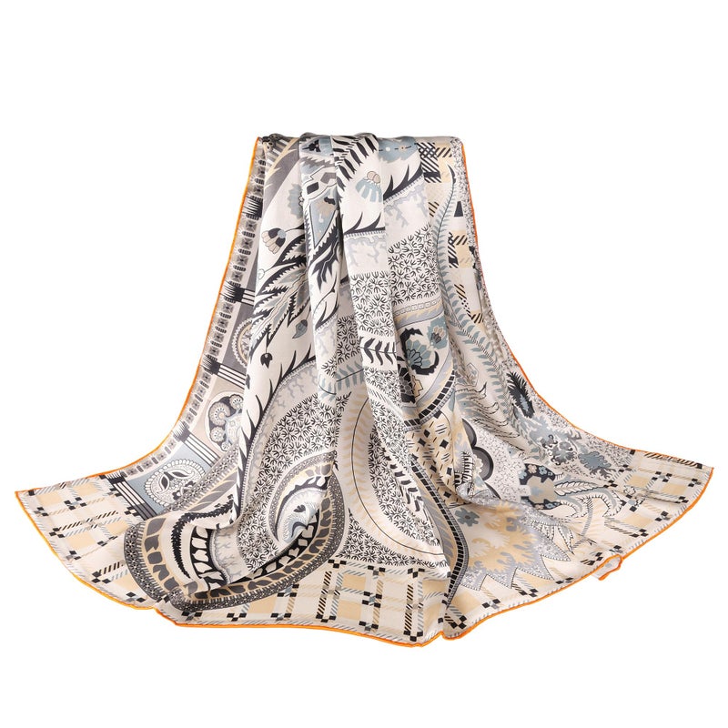 MEISEE 100% Silk Scarf for Women 43â€*43â€ Large Square Lightweight Headscarf Neck Scarf Hair Wraps Shawls with Gift Packed (Beige+gray+orange edge) - Image 1