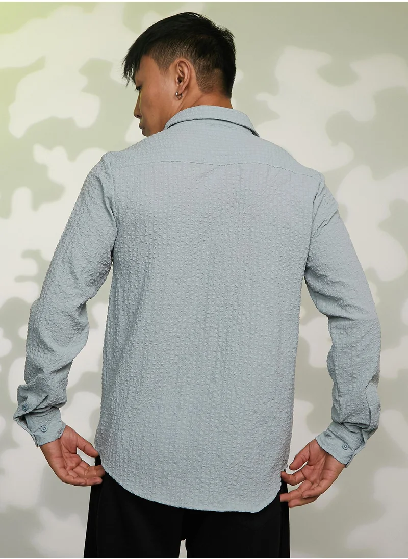 Campus Sutra Men's Icy Blue Cubic-Seersucker Shirt