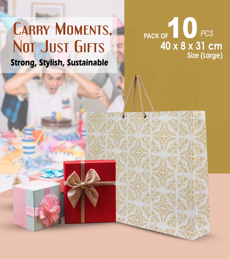 KOSY حزمة كوسي من 10 أكياس هدايا | حقيبة ورقية صديقة للبيئة قابلة لإعادة التدوير للهدايا | حقيبة ورقية متينة ومتعددة الاستخدامات للتسوق | حقيبة هدايا كبيرة 40x8x31 سم | حقيبة هدايا بتصميم طباعة ذهبية - Image 2