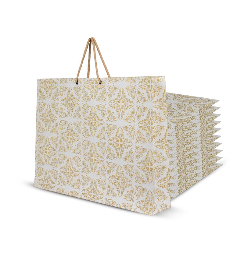 KOSY حزمة كوسي من 10 أكياس هدايا | حقيبة ورقية صديقة للبيئة قابلة لإعادة التدوير للهدايا | حقيبة ورقية متينة ومتعددة الاستخدامات للتسوق | حقيبة هدايا كبيرة 40x8x31 سم | حقيبة هدايا بتصميم طباعة ذهبية - Image 1