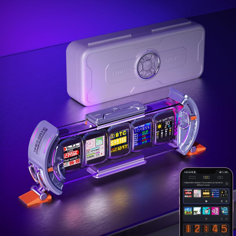 Divoom Times Gate - Cyberpunk Gaming Setup Digital Alarm Clock, Smart APP, WiFi Connect, RGB LED Display, Personalized Financial & Bitcoin Dashboard, Pixel Art for Gaming Room & Office Decor, Silver - Image 1