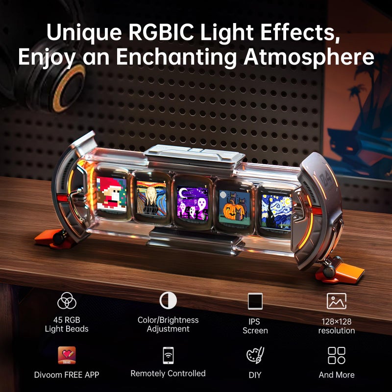 Divoom Times Gate - Cyberpunk Gaming Setup Digital Alarm Clock, Smart APP, WiFi Connect, RGB LED Display, Personalized Financial & Bitcoin Dashboard, Pixel Art for Gaming Room & Office Decor, Silver - Image 4