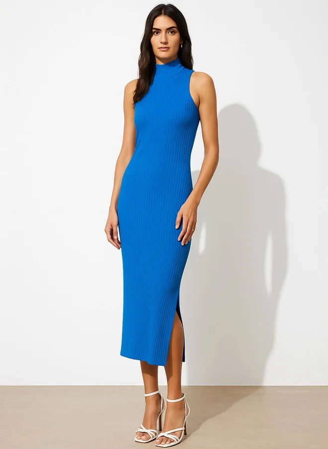 SASSAFRAS Ribbed Turtle Neck Bodycon Midi Dress for Women