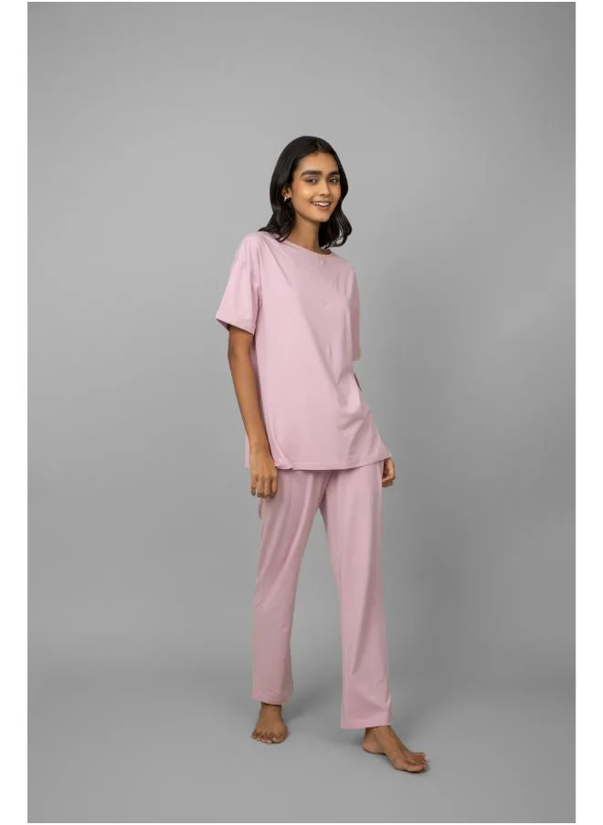 نسيسير Blush Pink Cotton Lycra Side Slit Pajama Set