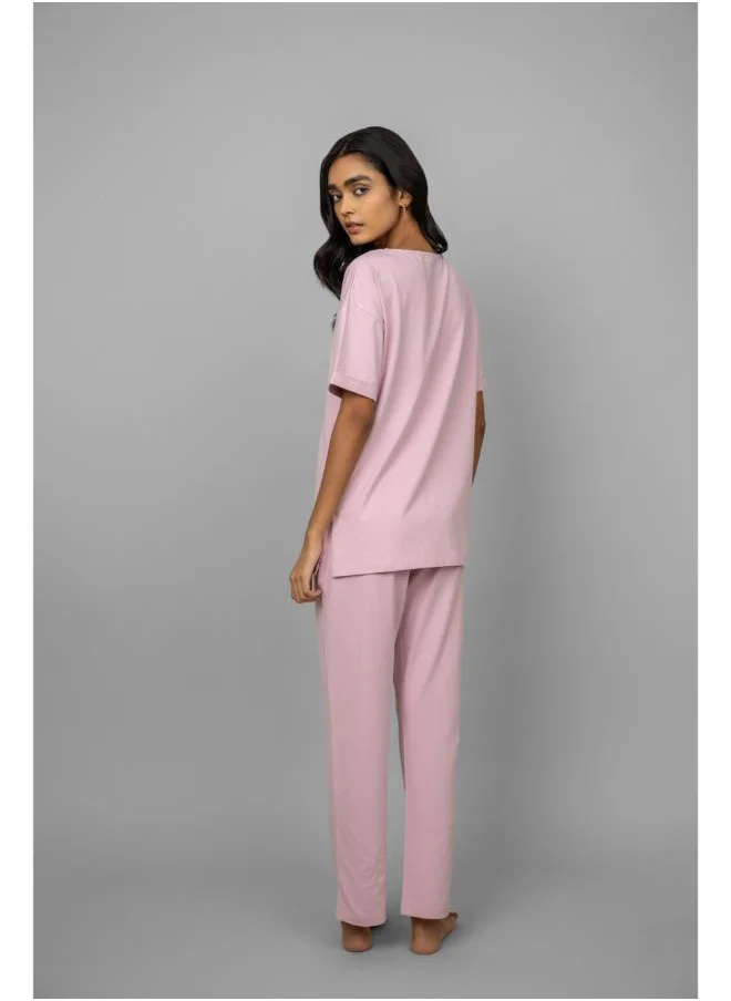 نسيسير Blush Pink Cotton Lycra Side Slit Pajama Set