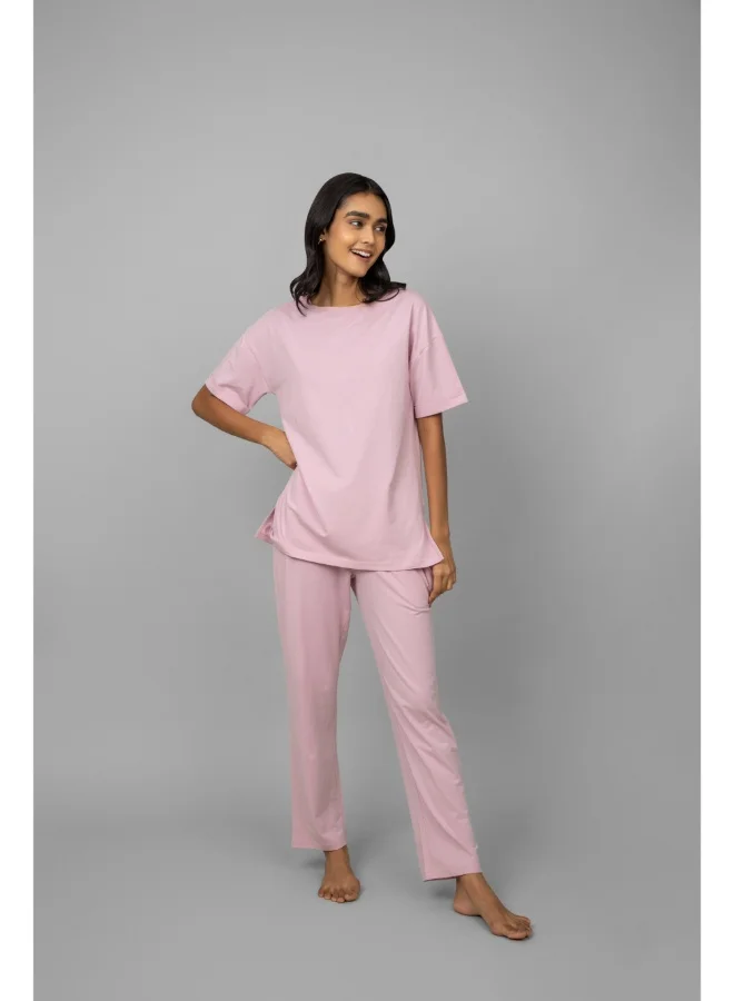 NeceSera Blush Pink Cotton Lycra Side Slit Pajama Set