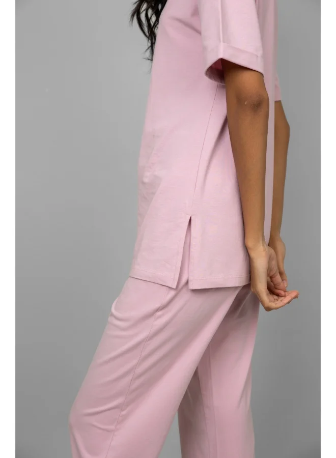 NeceSera Blush Pink Cotton Lycra Side Slit Pajama Set