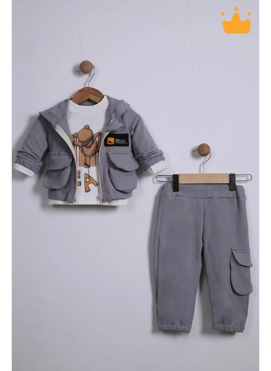 Baby Hola Babyhola 3-Piece Hooded Cardigan Badi Trousers Baby Boy Child Top and Bottom Set