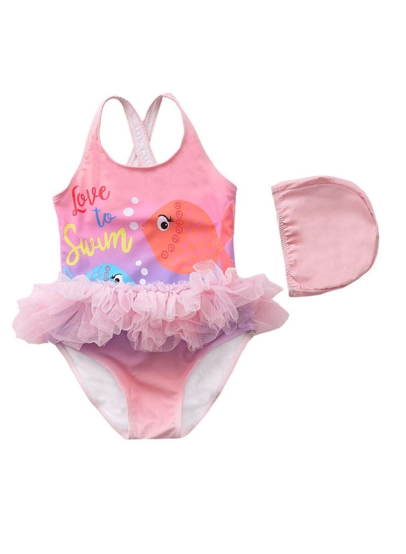 Cute Little Girl Pink Fish Printed On-piece Swimsuit With Cap Mesh Tutu Dress Cross Back Little Princess Swimwear For Babygirl Size XL - Image 1