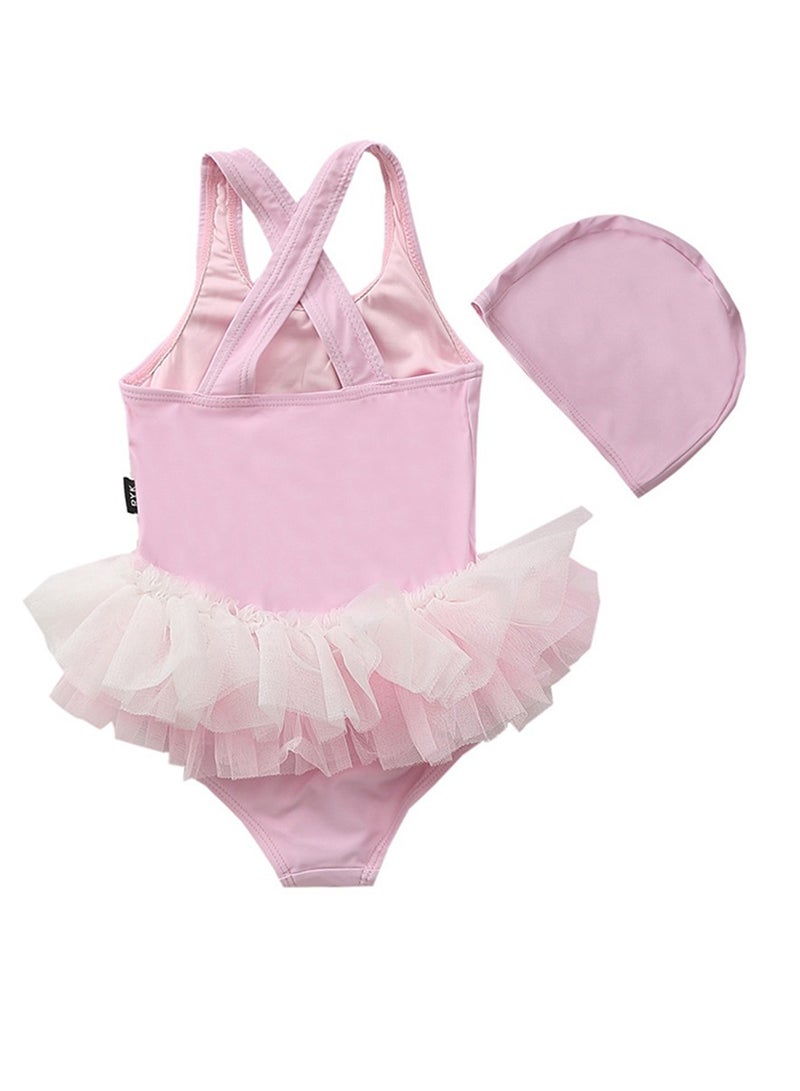 Cute Little Girl Pink Fish Printed On-piece Swimsuit With Cap Mesh Tutu Dress Cross Back Little Princess Swimwear For Babygirl Size XL - Image 2