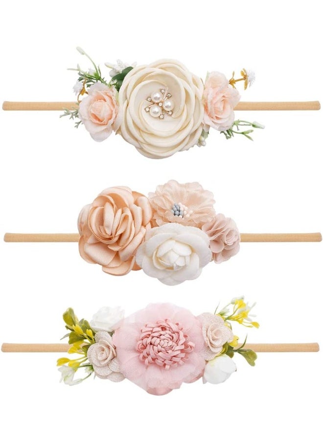 mligril mligril Baby Girl Floral Headbands Set - 3pcs Flower Crown Elastic Hairband Newborn Toddler Hair Accessories Gifts for Girls (1-6 years old)  - Image 1
