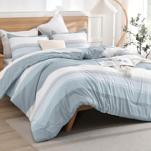 Litanika Light Blue Comforter King Size Set, 3 Pieces Bedding Set, Blue White Colorblock Stripe (104x90In Comforter & 2 Pillowcases) - Image 3