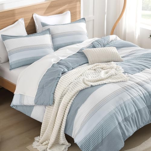 Litanika Light Blue Comforter King Size Set, 3 Pieces Bedding Set, Blue White Colorblock Stripe (104x90In Comforter & 2 Pillowcases) - Image 1