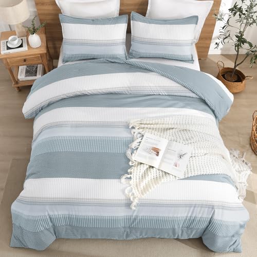 Litanika Light Blue Comforter King Size Set, 3 Pieces Bedding Set, Blue White Colorblock Stripe (104x90In Comforter & 2 Pillowcases) - Image 4