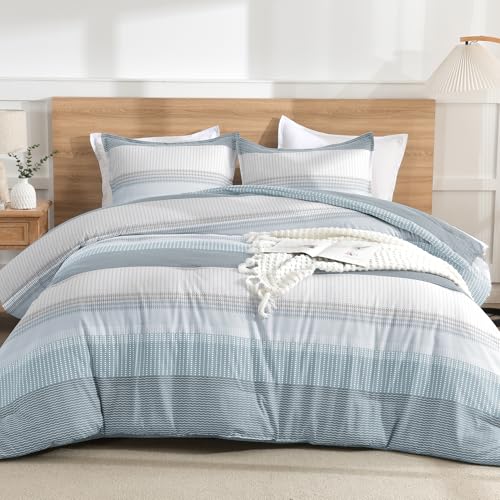 Litanika Light Blue Comforter King Size Set, 3 Pieces Bedding Set, Blue White Colorblock Stripe (104x90In Comforter & 2 Pillowcases) - Image 2