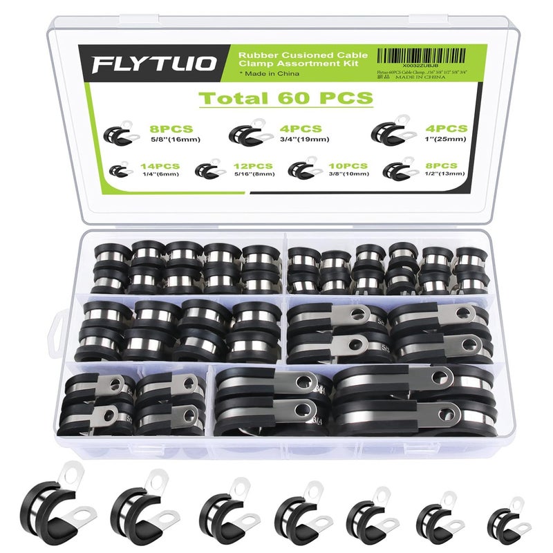 60PCS Cable Clamps Assortment Kit Flytuo 304 Stainless Steel Rubber Cushion Pipe Clamps in 7 Sizes 14 516 38 12 58 34 1