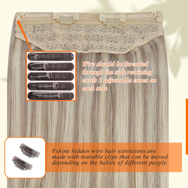 Fshine Invisible Wire Hair Extensions 12 Inch Ash Blonde Highlighted Bleach Blonde Layered Hairpiece Real Human Hair Secret Fish Line One Piece Clip ins Hair 70 G - Image 3
