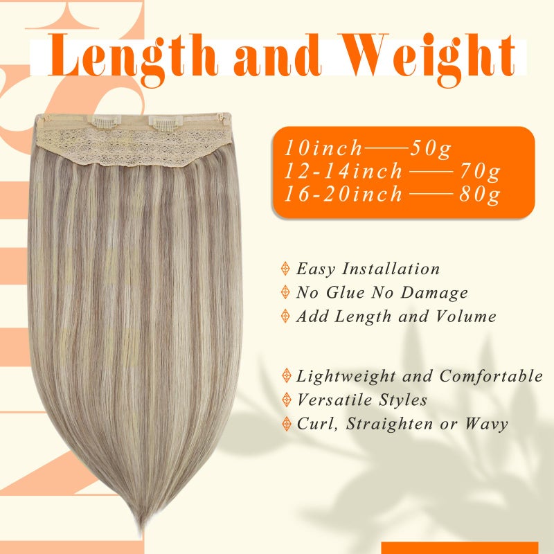 Fshine Invisible Wire Hair Extensions 12 Inch Ash Blonde Highlighted Bleach Blonde Layered Hairpiece Real Human Hair Secret Fish Line One Piece Clip ins Hair 70 G - Image 5