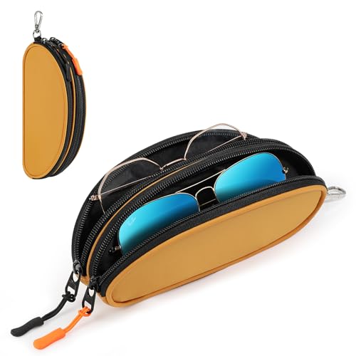 MoKo Double Eyeglass Case, Soft Sunglasses Pouch with Metal Clip & Zipper, Portable Travel Dual Glasses Case for Men Women, Orange - Image 1
