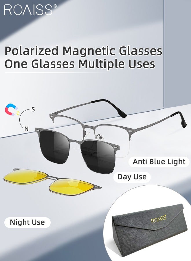 roaiss 3-in-1 Magnetic Polarized Clip-On Sunglasses Set, Blue Light Blocking Glasses with Magnetic Polarized Lens and Magnetic Night Vision Lens, Versatile Eyewear for Day and Night Use for Men and Women - Image 1