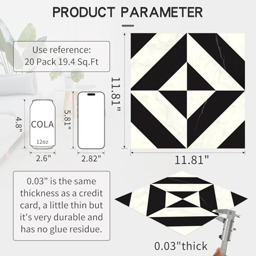MORCART Peel and Stick Floor Tile - 20 PCS, 11.8" x 11.8" Vinyl Flooring - Waterproof Self-Adhesive Tile Sticker for Bathroom, Kitchen, Dining Room, Bedrooms - Cover 19.4 Sq. Ft, Black & White Marble - Image 3