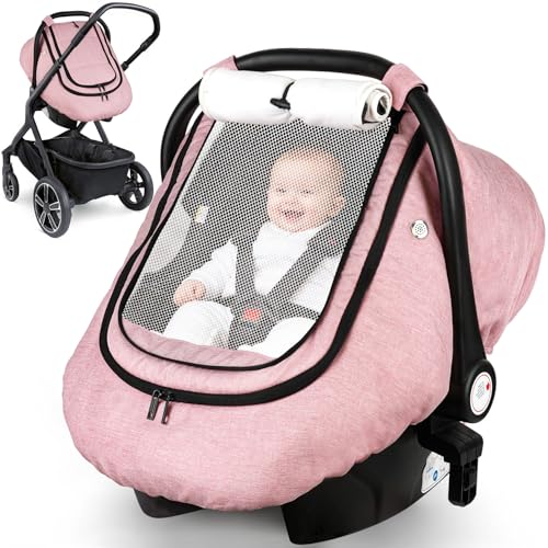 Rquite Car Seat Cover Baby Winter Carseat Covers Boy Girl Waterproof Infant Car Seat Cover Warm Car Seat Canopy for Cold Weather Windproof Baby CarrierStroller Cover with 2 Layers Windows Pink - Image 1