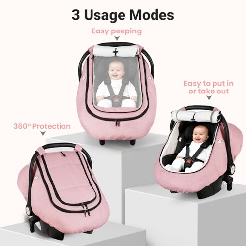 Rquite Car Seat Cover Baby Winter Carseat Covers Boy Girl Waterproof Infant Car Seat Cover Warm Car Seat Canopy for Cold Weather Windproof Baby CarrierStroller Cover with 2 Layers Windows Pink - Image 3