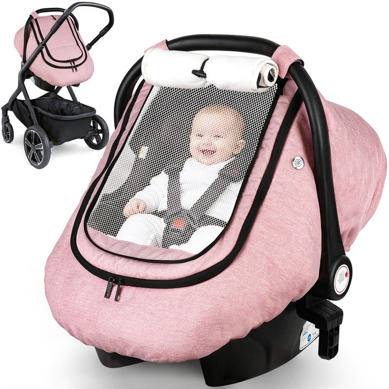 Rquite Car Seat Cover Baby Winter Carseat Covers Boy Girl Waterproof Infant Car Seat Cover Warm Car Seat Canopy for Cold Weather Windproof Baby CarrierStroller Cover with 2 Layers Windows Pink - Image 2