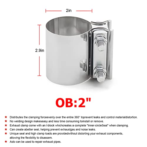 BESULEN 2 Inch Exhaust Clamp 2 PCS Butt Joint Band Clamp Sleeve Coupler Car Stainless Steel Muffler Band Clamp Exhaust Pipes Repair Sleeve Connector Car Exterior Accessories 2 - Image 3