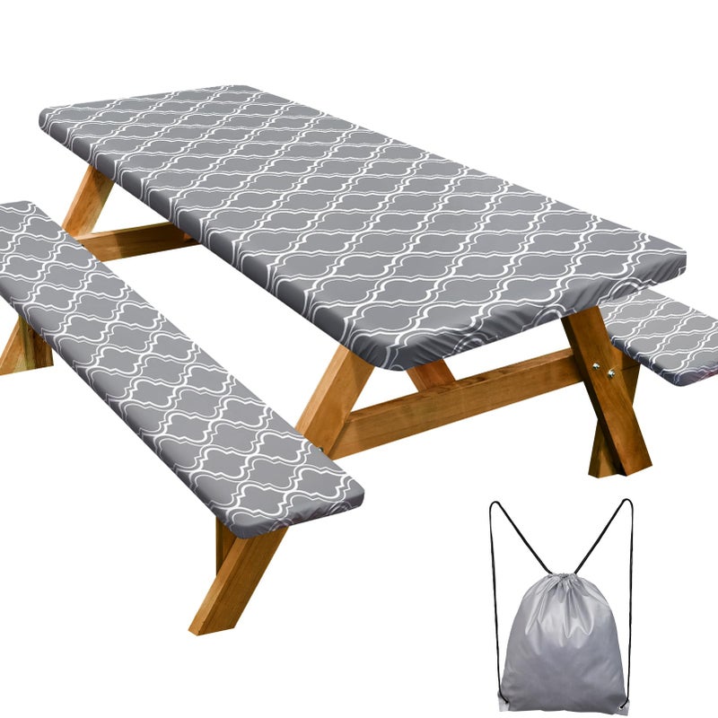 Play Tailor Picnic Table Cover with Bench Covers Camping Essentials Waterproof Windproof Camping Tablecloth with Drawstring Bag  Fitted Rectangle Tables and Seats  72in  Grey - Image 1