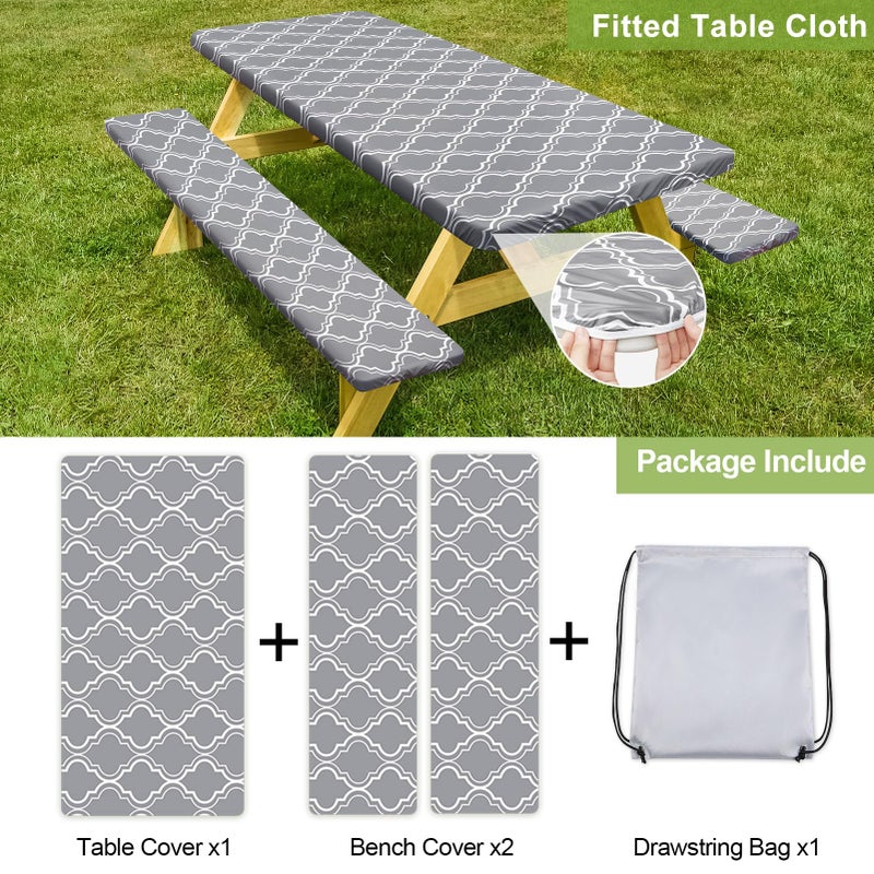 Play Tailor Picnic Table Cover with Bench Covers Camping Essentials Waterproof Windproof Camping Tablecloth with Drawstring Bag  Fitted Rectangle Tables and Seats  72in  Grey - Image 4