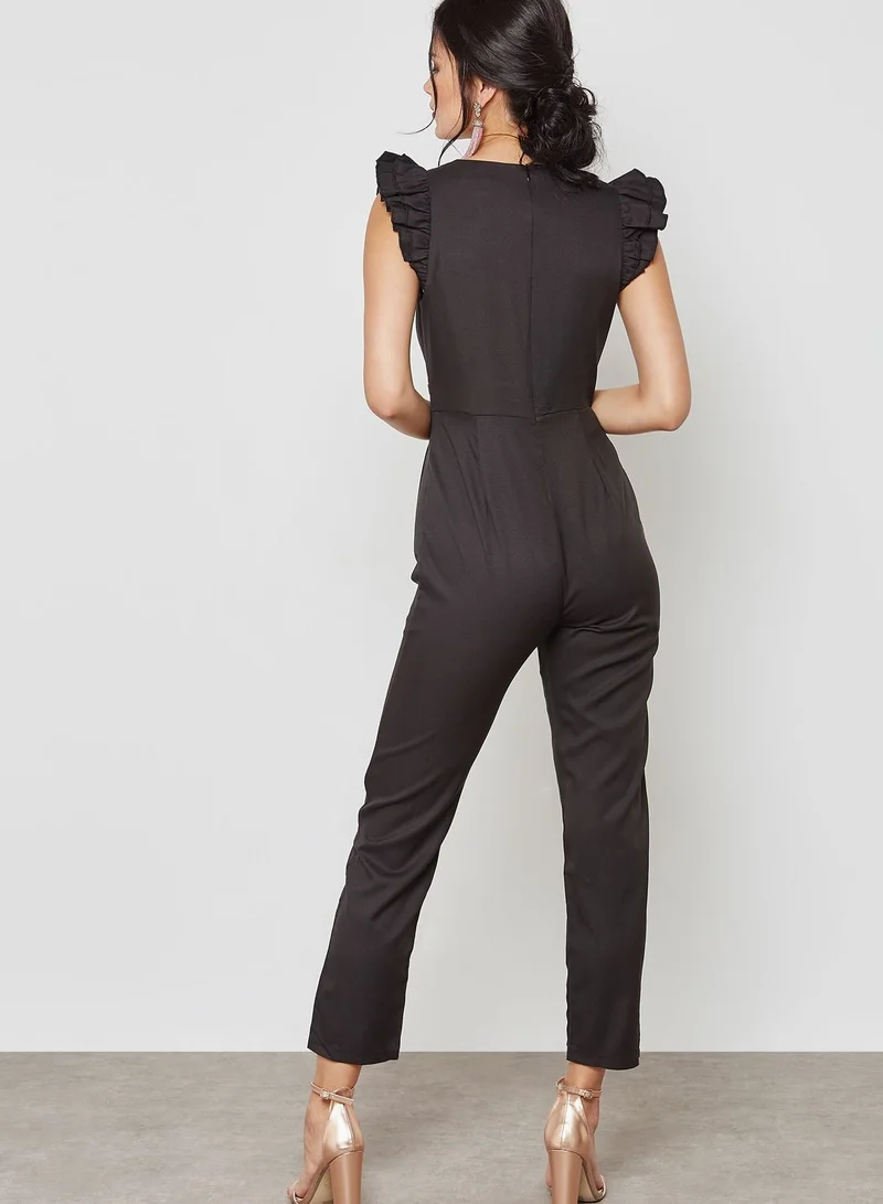 MELA LONDON Ruffle Sleeve Plunge Jumpsuit