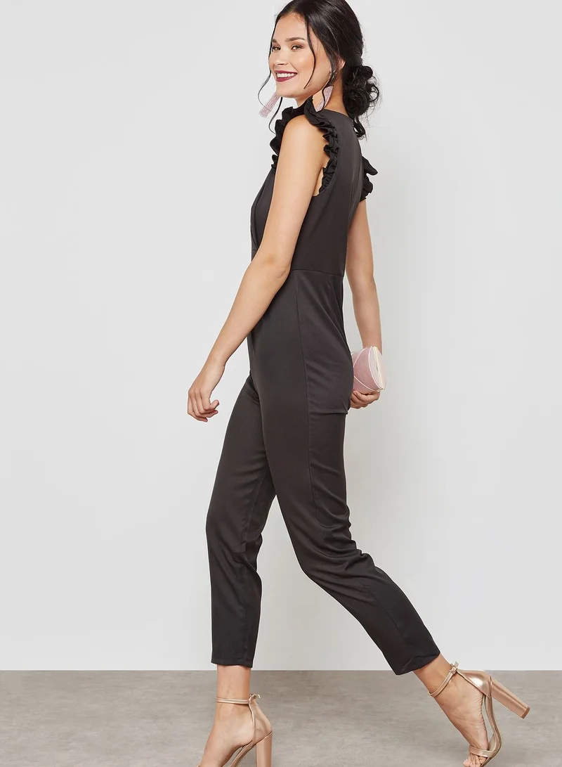 MELA LONDON Ruffle Sleeve Plunge Jumpsuit
