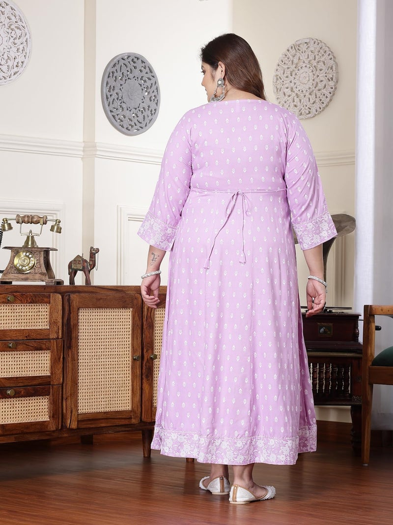 Stylum Women's Plus Size Printed & Embroidered Rayon Anarkali Kurta Lavender - Image 2