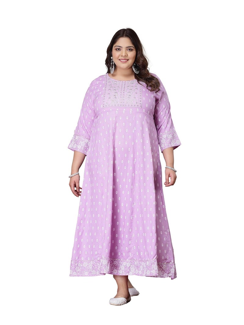 Stylum Women's Plus Size Printed & Embroidered Rayon Anarkali Kurta Lavender - Image 1